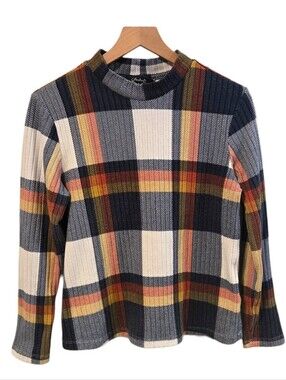 Charlie B Autumn Plaid Ribbed Mock Neck Pullover Large